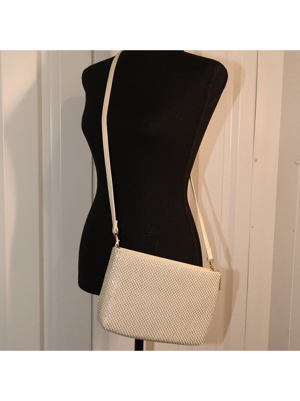 Whiting and Davis International Off White Mesh Evening Bag Long Strap 10x6.5x2